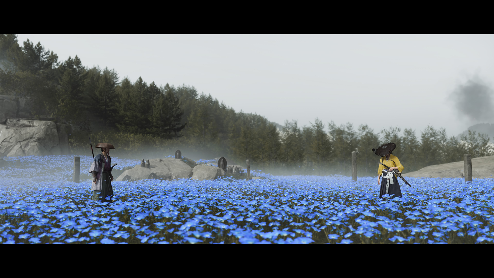 Atsu prepares to duel in a field of blue flowers in Ghost of Yotei