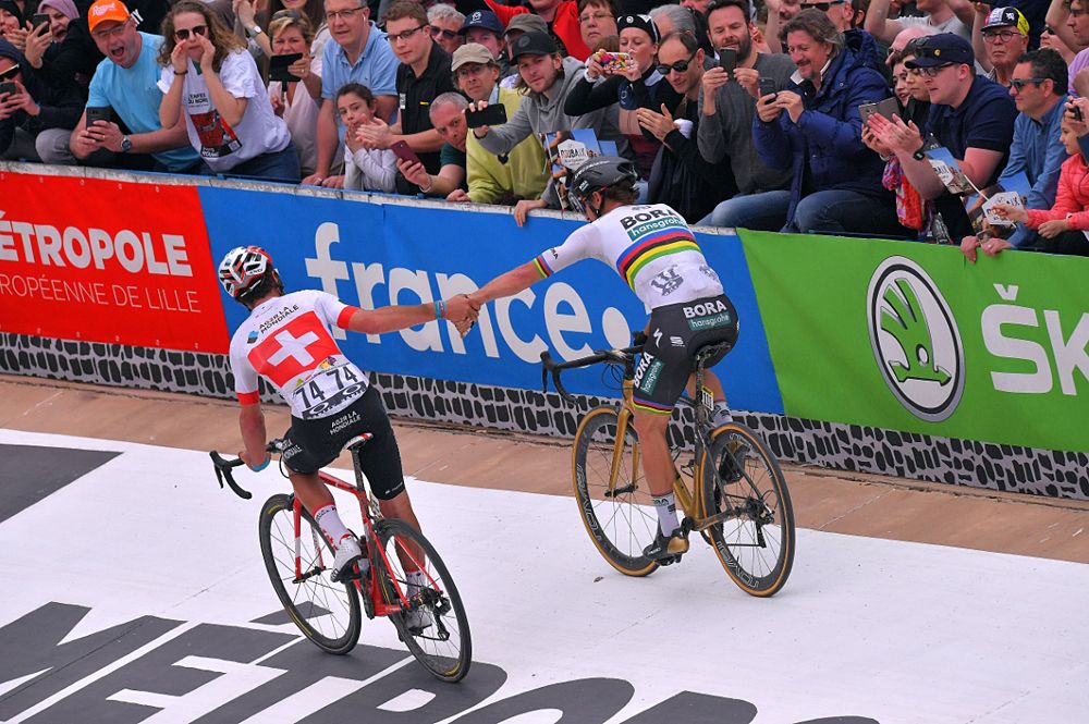 Peter Sagan and Silvan Dillier after crossing the finish line at Paris-Roubaix
