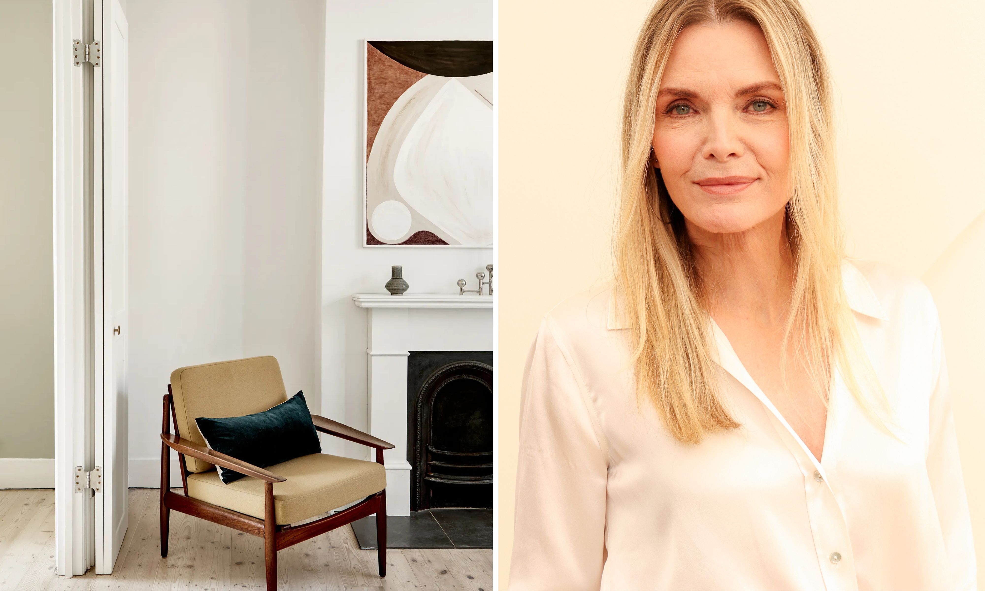 A split image features an interior design scene on the left and a portrait of actress Michelle Pfeiffer on the right. The left side showcases a minimalist, light-filled room with white walls, light wood flooring, and a classic white fireplace mantle. A mid-century modern wooden armchair with mustard-yellow cushions and a dark teal velvet pillow sits near the fireplace, beneath a large abstract painting in earthy tones of brown, tan, and cream. On the right, a close-up portrait shows Pfeiffer with blonde hair and a gentle smile, wearing a white-colored satin garment against a soft, blurred background.