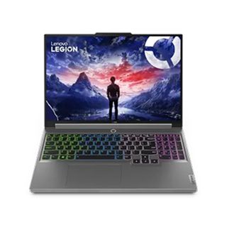 Lenovo Legion 5i Gen 9 on a white background open with the display facing toward you showing the RGB keyboard.