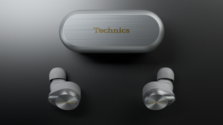 press shot of Technics EAH-AZ80 headphones in silver on a dark gray background
