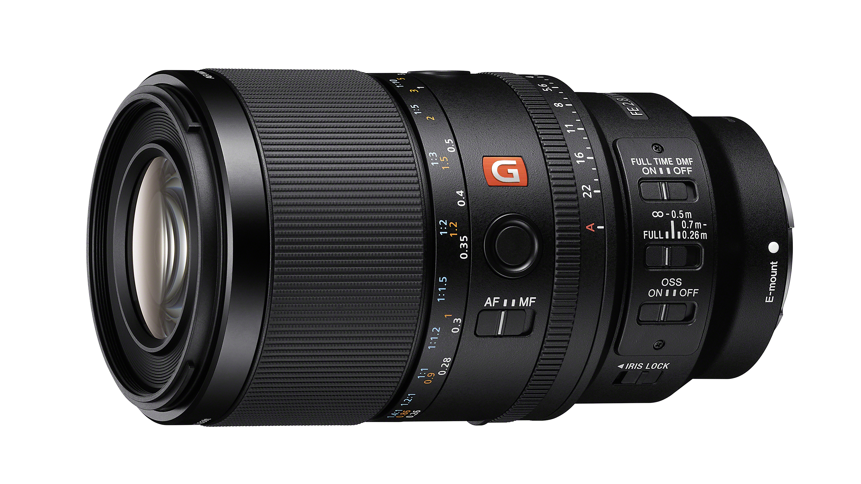 Sony FE 100mm F2.8 Macro GM OSS lens on a white background