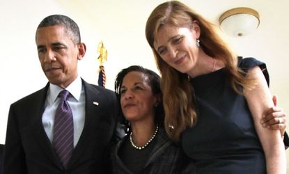 President Obama walks with Susan Rice (center) and Samantha Power after announcing the change in personnel on June 5.