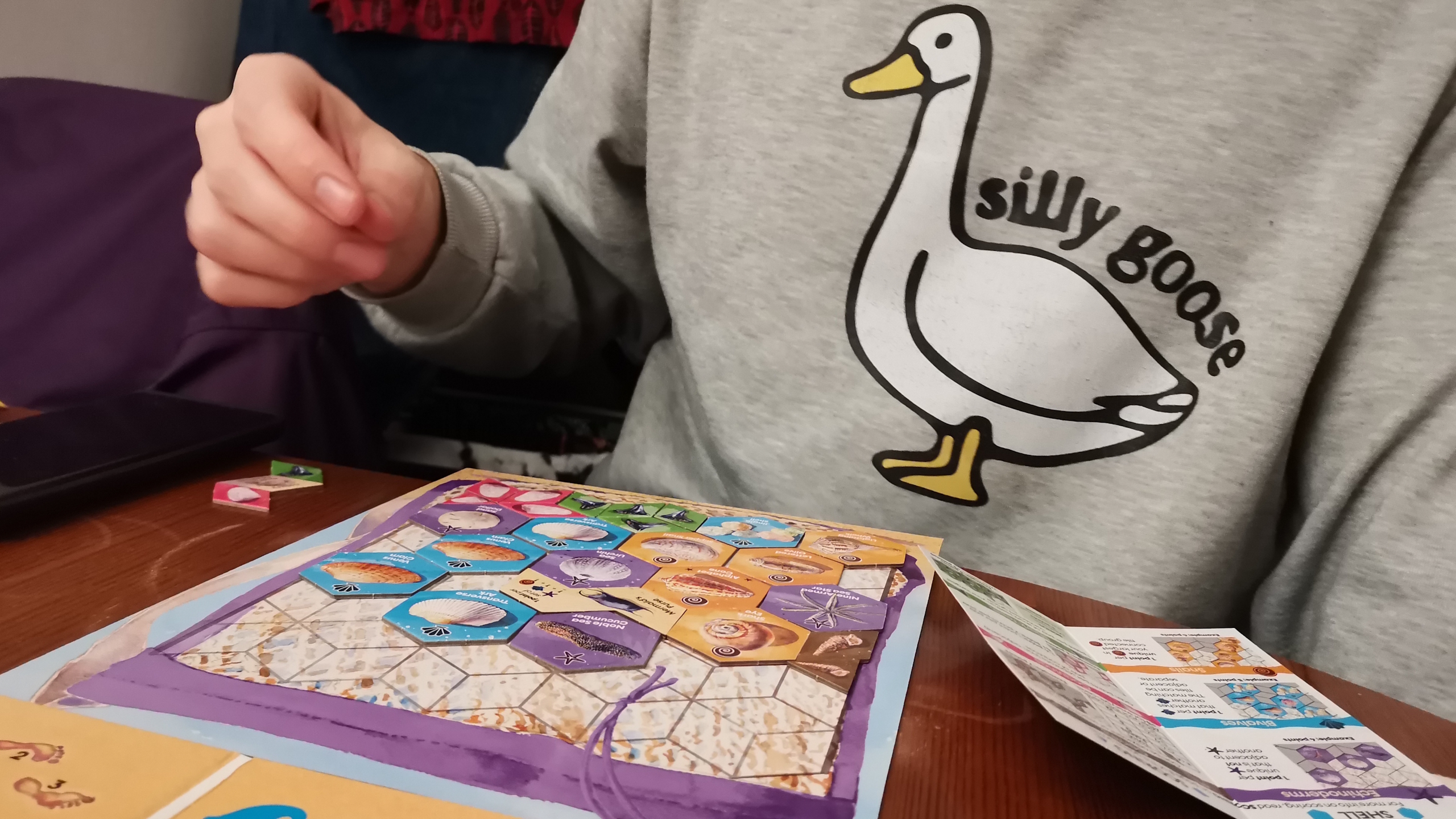 Sanibel board, tokens, and pieces on a wooden surface