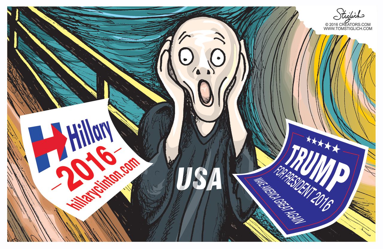 Political cartoon U.S. Clinton vs. Trump presidential election