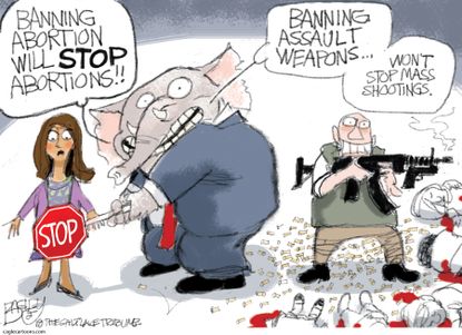 Political cartoon U.S. GOP abortion mass shooting assault rifle ban