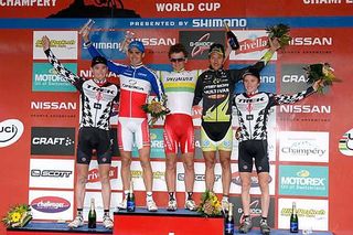 The elite men's cross country World Cup podium, topped by Burry Stander (South Africa)