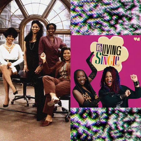 A split image of the cast of 'Living Single,' Kim Fields, Kim Coles, Erika Alexander, and Queen Latifah, next to the album artwork for 'ReLiving Single.'