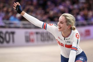 Elinor Barker celebrating after winning the Women's Points Race during day 5 of the UCI Track Cycling World Championships in Berlin