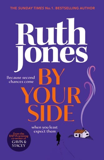Cover of the book &#039;By Your Side&#039; by Ruth Jones, featuring a purple background with white text and an illustration of a small house emitting smoke.