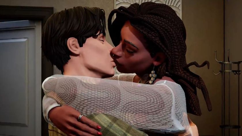 Two characters passionately kiss in the canceled life sim Burbank