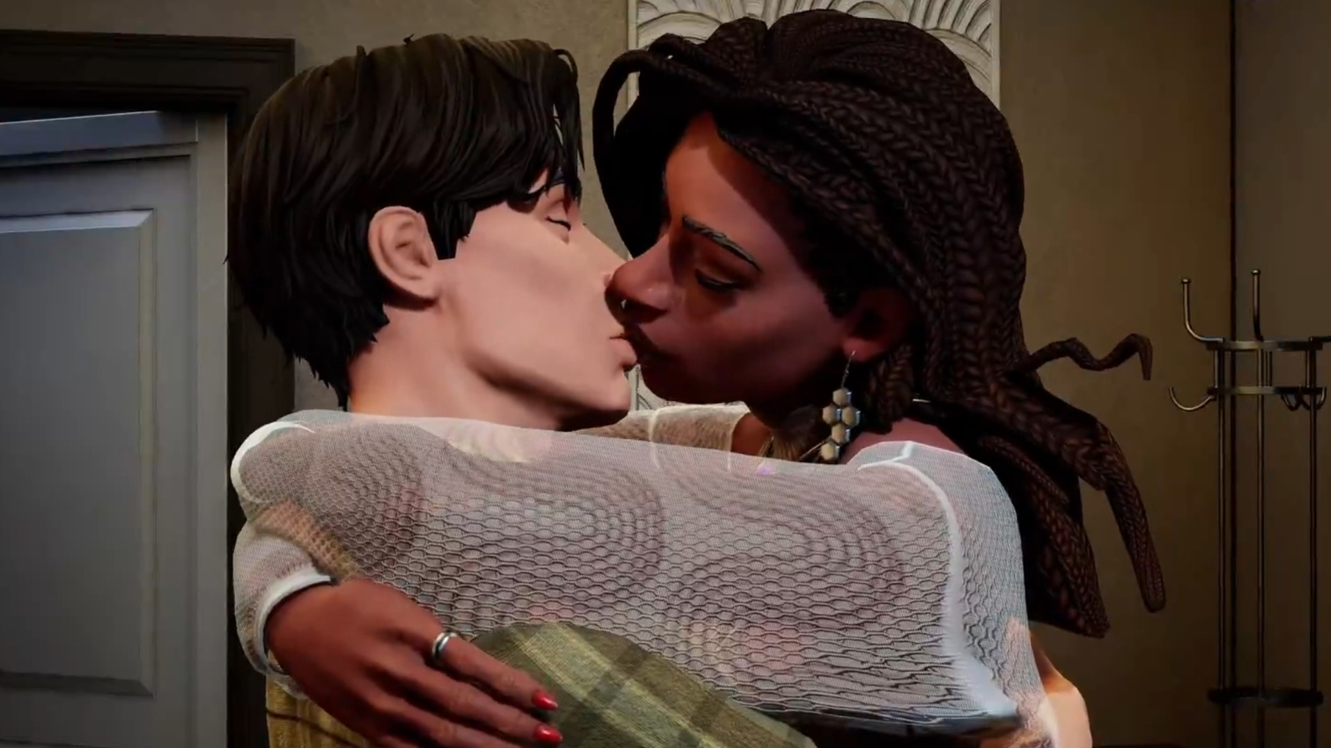 Two characters passionately kiss in the canceled life sim Burbank