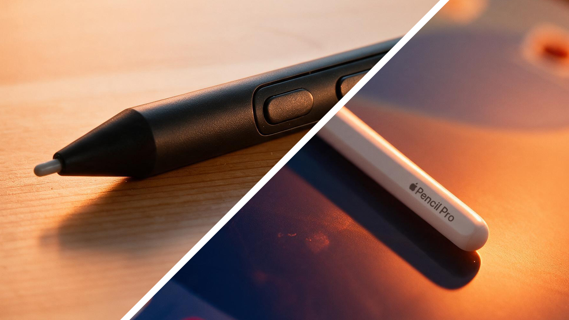 A black Wacom stylus and a white Apple stylus
