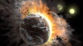 An illustration showing a moon-like rock violently smashing into an Earth-like planet in a distant solar system