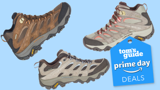 a pair of durable hiking boots against a blue background with a Tom&#039;s Guide deal tag