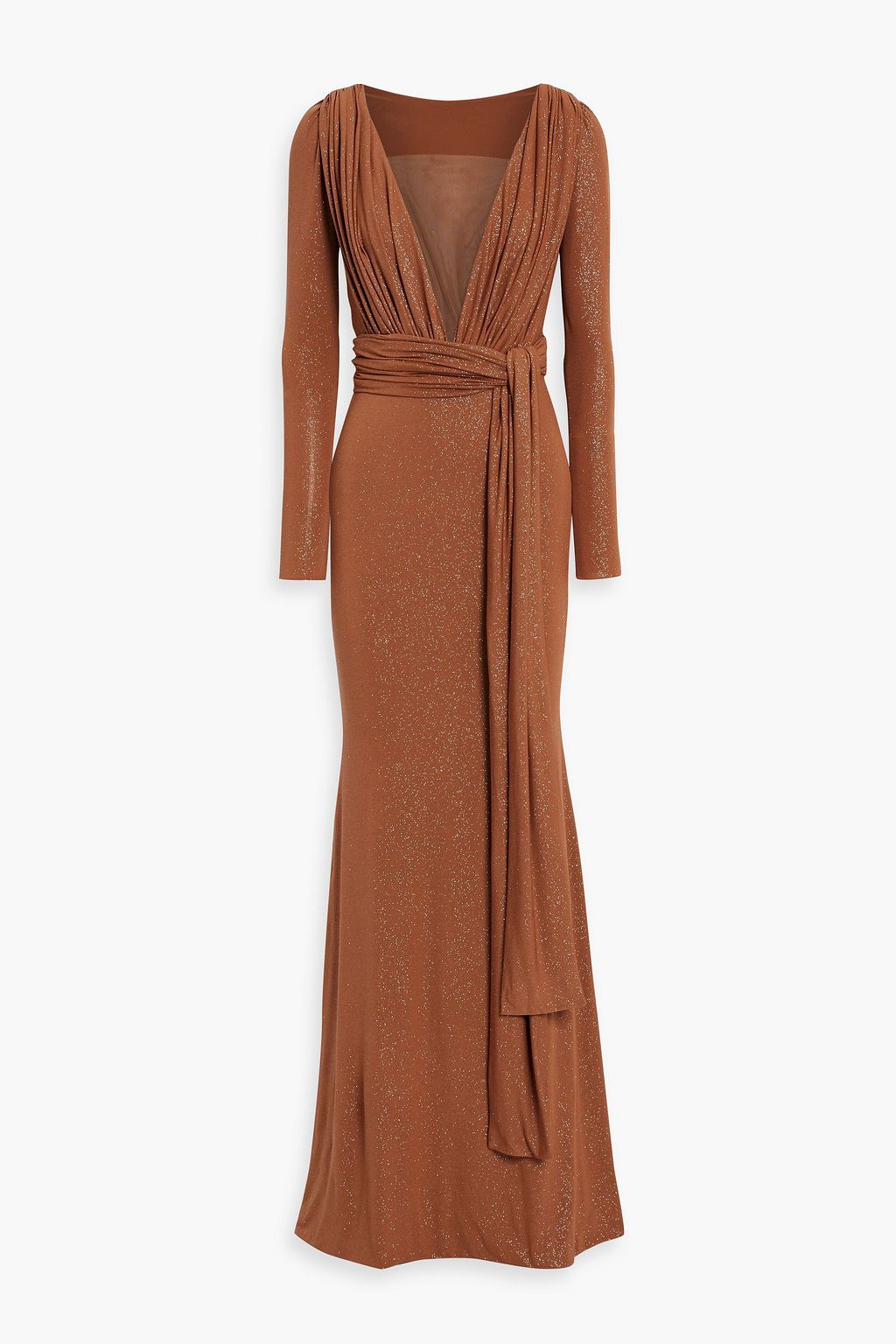 Ruched Tulle-Paneled Glittered Jersey Gown