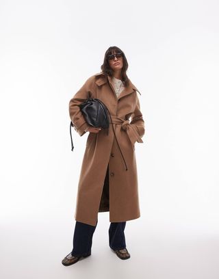 Topshop Tab Belted Car Coat Twill in Camel