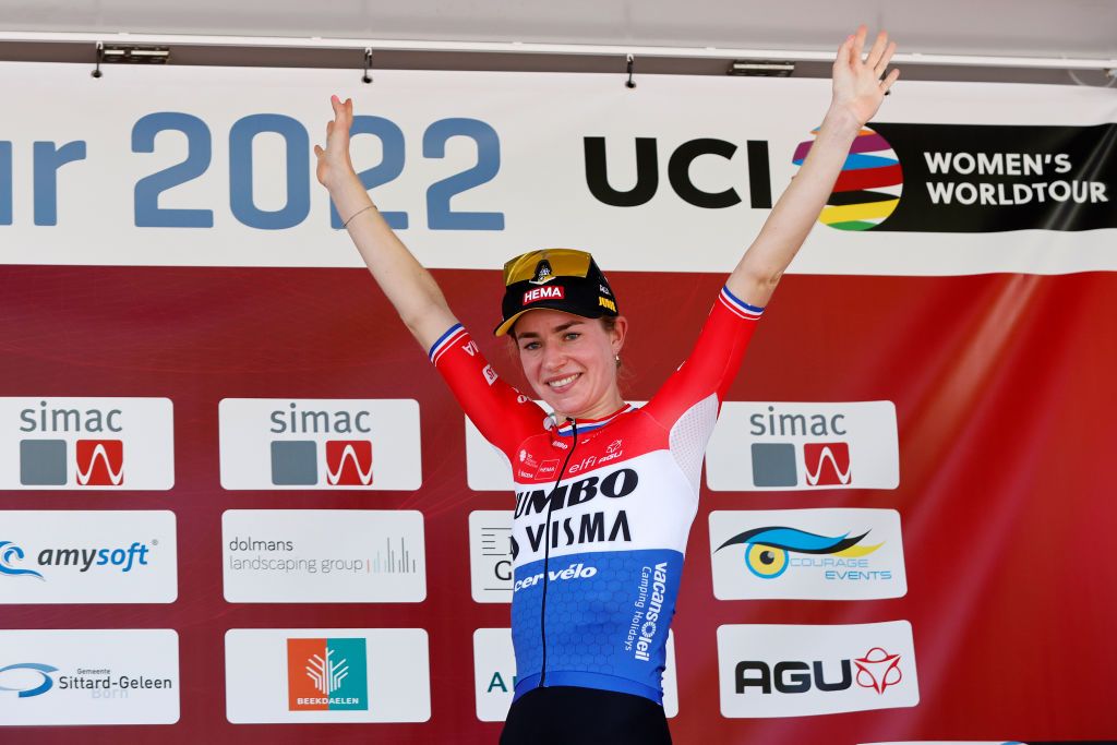 LANDGRAAF NETHERLANDS SEPTEMBER 02 Riejanne Markus of Netherlands and Jumbo Visma Team celebrates at podium as stage winner during the 25th Simac Ladies Tour 2022 Stage 4 a 1352km stage from Landgraaf to Landgraaf SLT2022 UCIWWT on September 02 2022 in Landgraaf Netherlands Photo by Bas CzerwinskiGetty Images