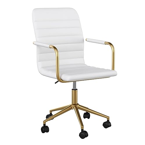 Martha Stewart Taytum Swivel Task Chair With Armrests for Home Office in White Faux Leather With Polished Brass Frame