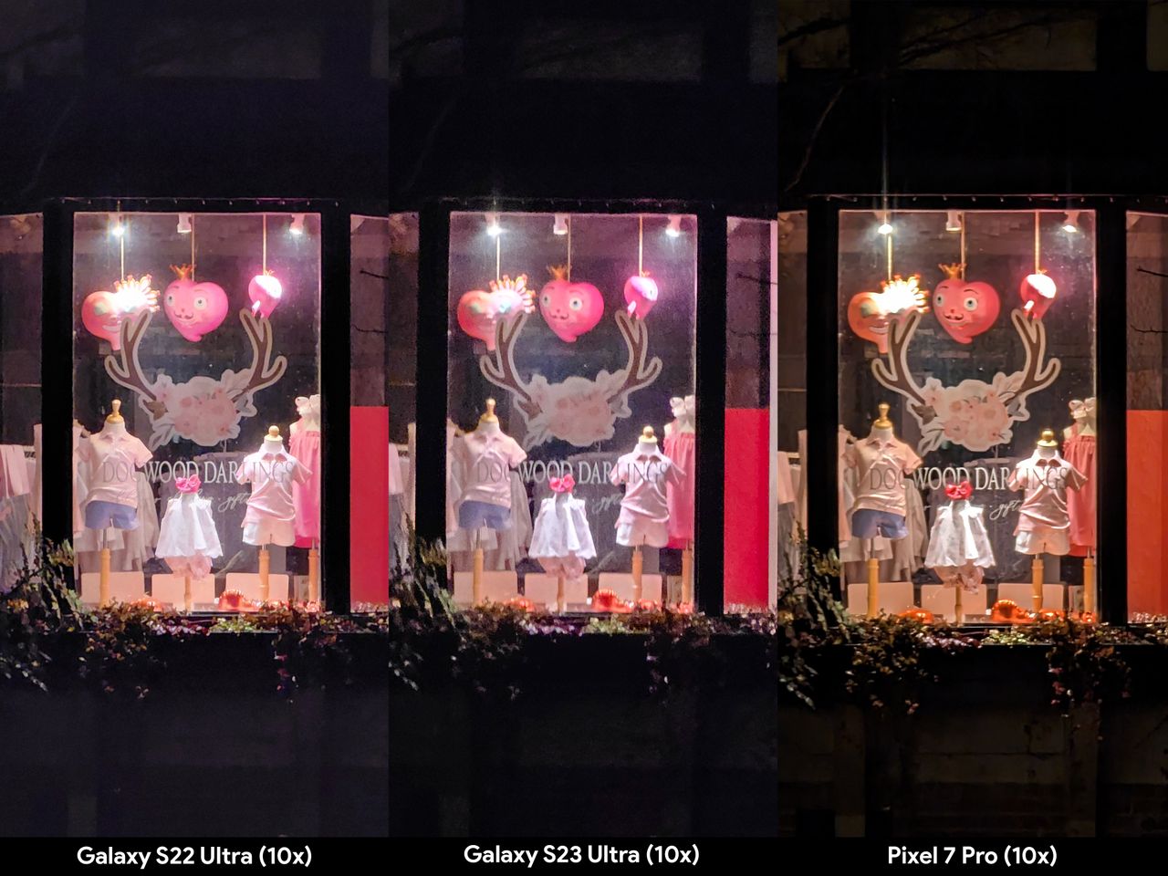 Comparing zoom levels at night between the Samsung Galaxy S23 Ultra, S22 Ultra, and Google Pixel 7 Pro