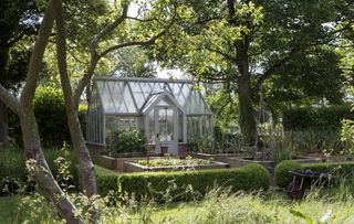 Greenhouse ideas featuring raised beds for vegetables and low box hedges surrounding a greenhouse in a wooded garden.