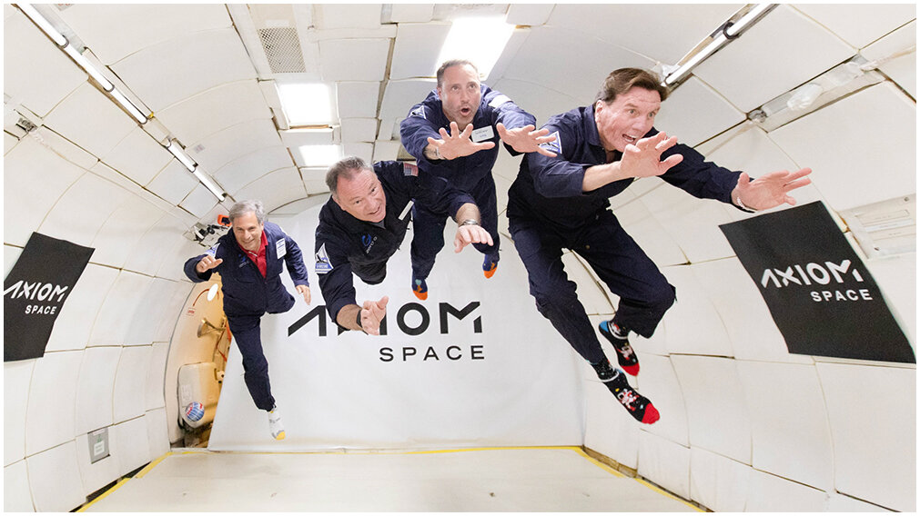 The Ax-1 crew performs microgravity training ahead of their launch.