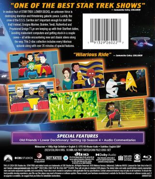 the back of a box containing the "Star Trek: Lower Decks" Season 4 Blu-Ray, showing scenes from the animated show and text describing itnd