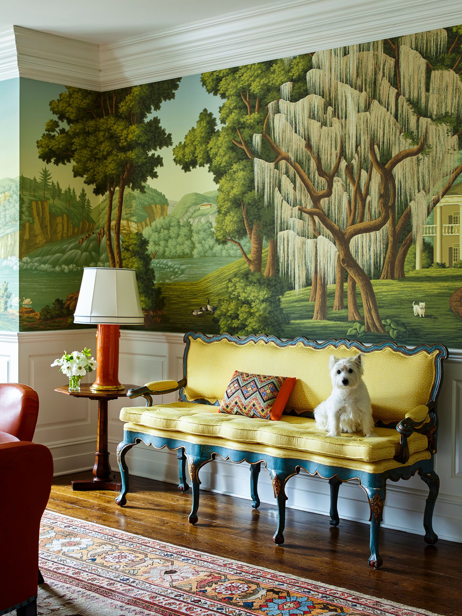 Green landscape tapestry, green sofa