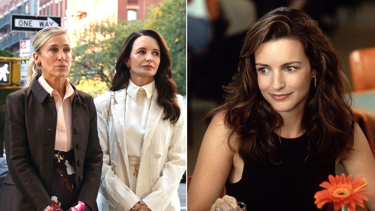 Kristin Davis wears a white suit jacket as she stands with Sarah Jessica Parker on a New York street filming And Just Like That, and Kristin Davis wears a black dress while playing Charlotte York in Sex and the City