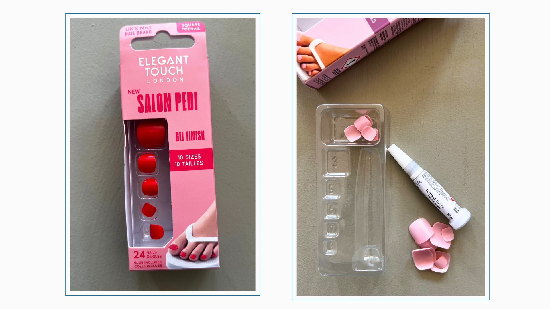 A box of elegant touch salon pedi press on toenails next to the glue on a green backdrop