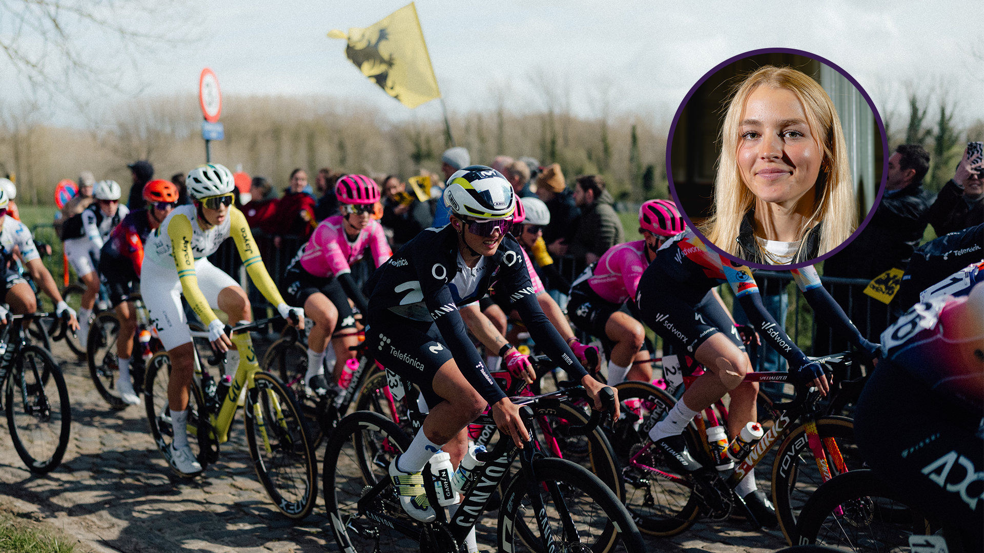 Cat Ferguson at the Tour of Flanders, with a profile picture overlayed