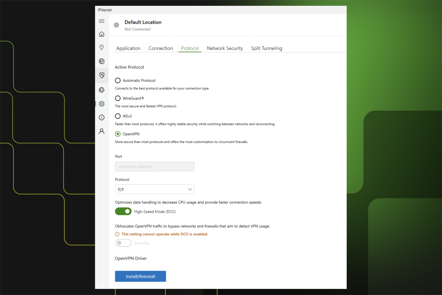 IPVanish's High-Speed Mode settings on Windows