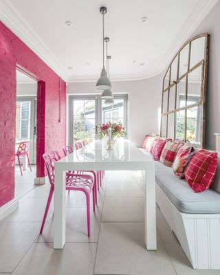 pink and white dining area