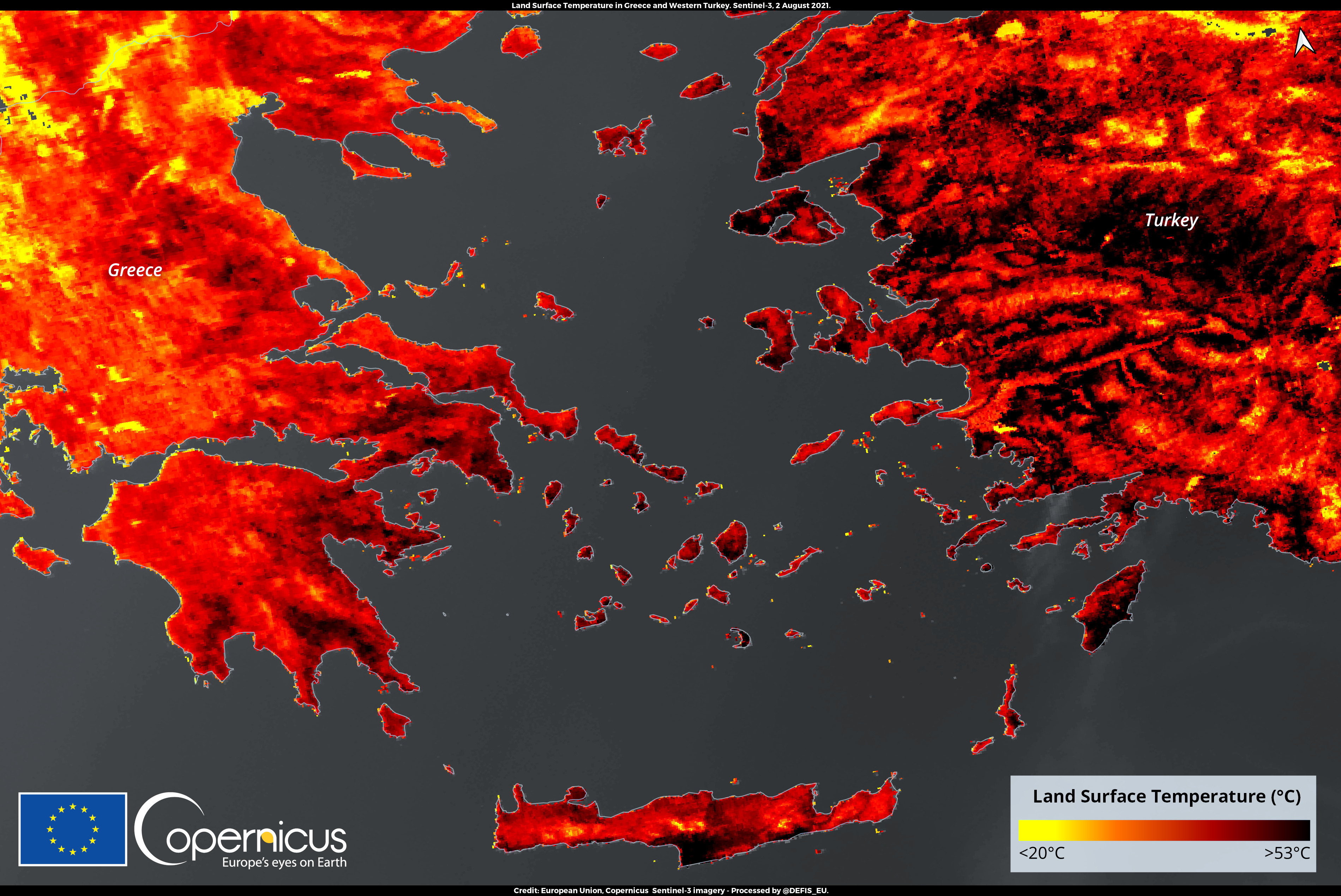 EU satellite imagery shows an extreme heatwave in Greece and Turkey in early August. A new report found July 2021 to be the hottest month on Earth in recorded history.