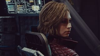 Starfield's Sarah Morgan looks over her shoulder at the player from a ship cockpit.