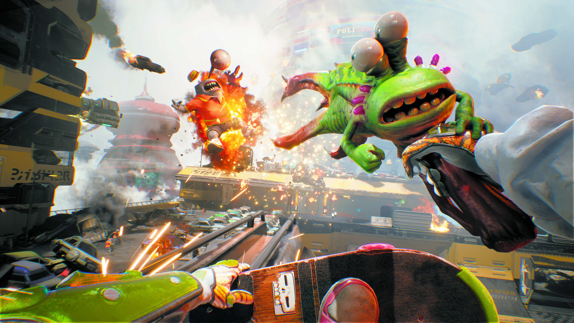 High on Life 2 screenshot of the player character firing a green alien gun at another alien in the distance