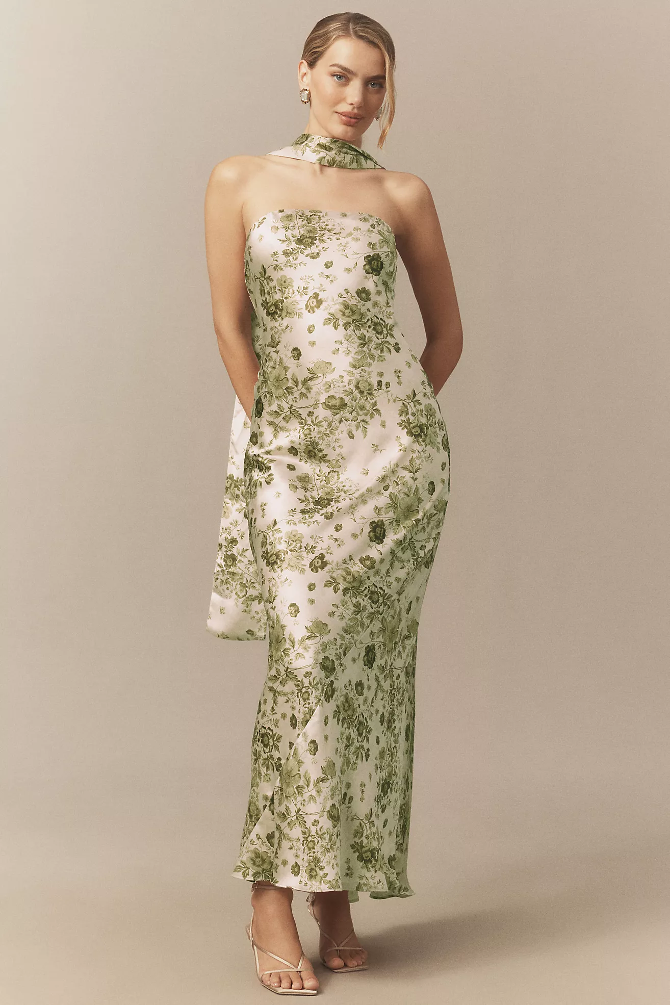 Bhldn Nesta Strapless Scarf Slip High-Shine Satin Maxi Dress