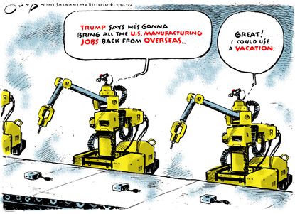 Political cartoon U.S. Robots and overseas jobs