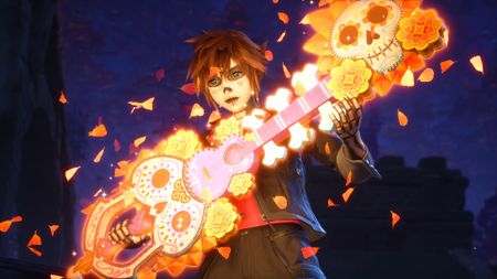 Sora holds his Keyblade decorated with Day of the Dead skulls and flowers in Kingdom Hearts 4
