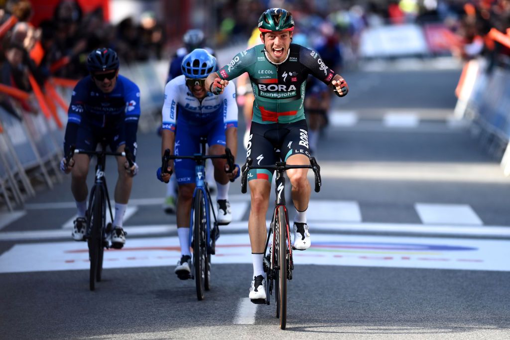 LEITZA SPAIN APRIL 04 Ide Schelling of The Netherlands and Team BORAHansgrohe celebrates at finish line as stage winner during the 62nd Itzulia Basque Country 2023 Stage 2 a 1938km stage from Viana to Leitza UCIWT on April 04 2023 in Leitza Spain Photo by David RamosGetty Images