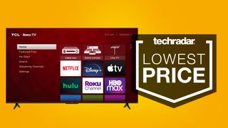 TCL Roku TV on yellow background with Lowest Price sign