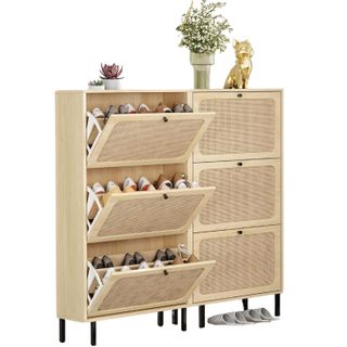 3 Flip Drawer Shoe Cabinet Natural Rattan Organizer Freestanding Wooden Shoe Rack Storage Cabinet With Metal Legs for Entryway Hallway Bedroom Mudroom