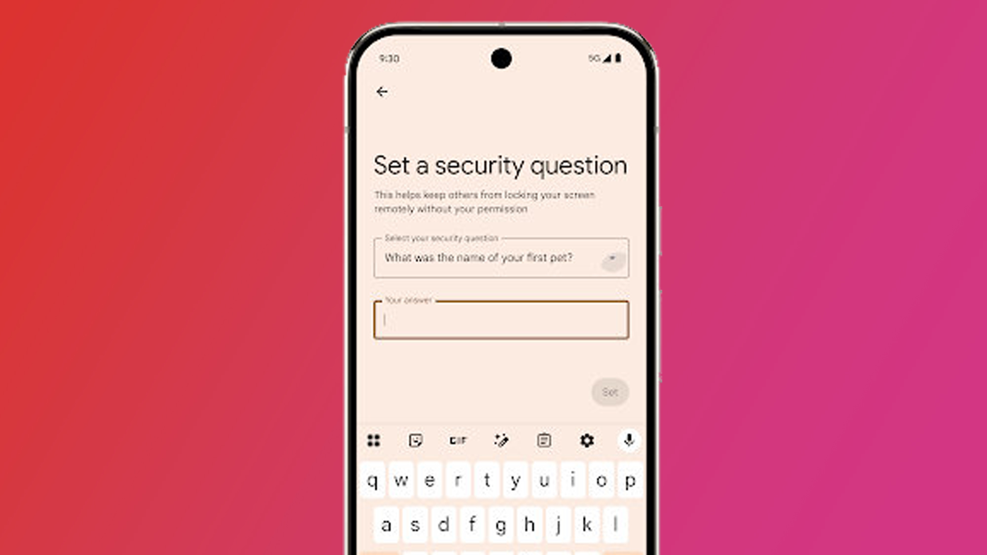 An Android phone on a pink and red background showing Android 16