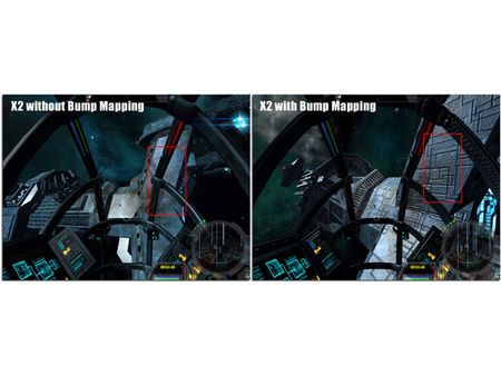 Spaceship without bump mapping (left) and with bump mapping (right).