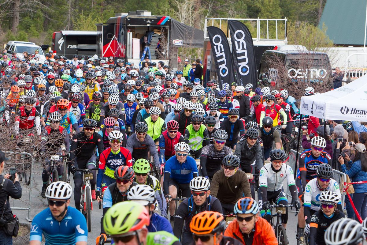 A huge crowd of riders leaves the start line of the Sagan Fondo on May 5, 2018 in Truckee, California.