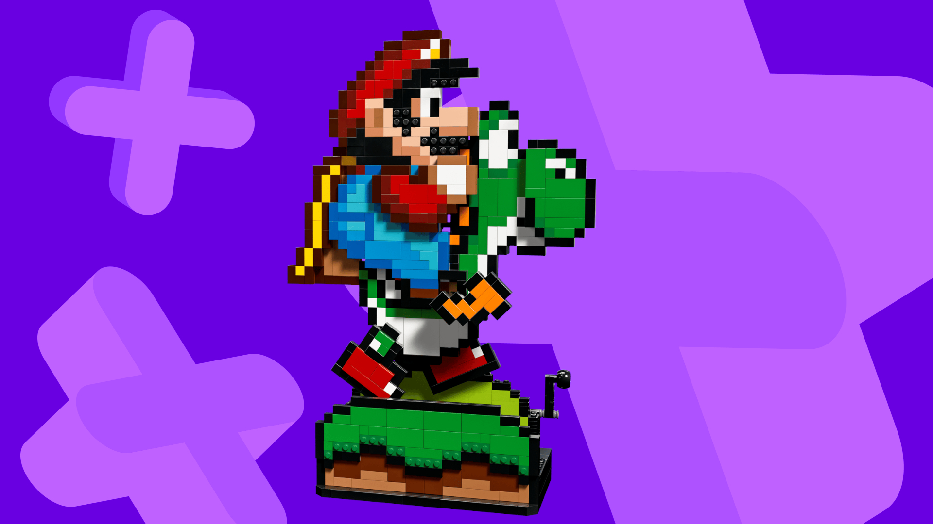 Super Mario World Lego set on a purple background
