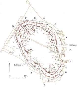 Um diagrama de uma cidade com um layout aproximadamente oval