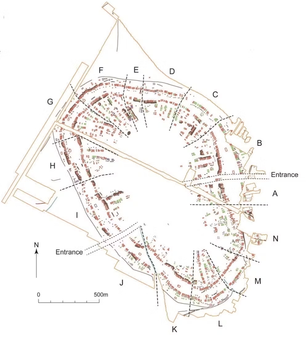 A diagram of a city with a roughly oval-shape layout