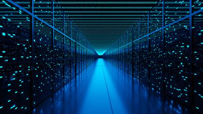 A long corridor with a sleek black floor, glowing green lights in the ceiling and rows of LEDS on either wall