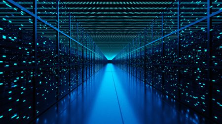 A long corridor with a sleek black floor, glowing green lights in the ceiling and rows of LEDS on either wall
